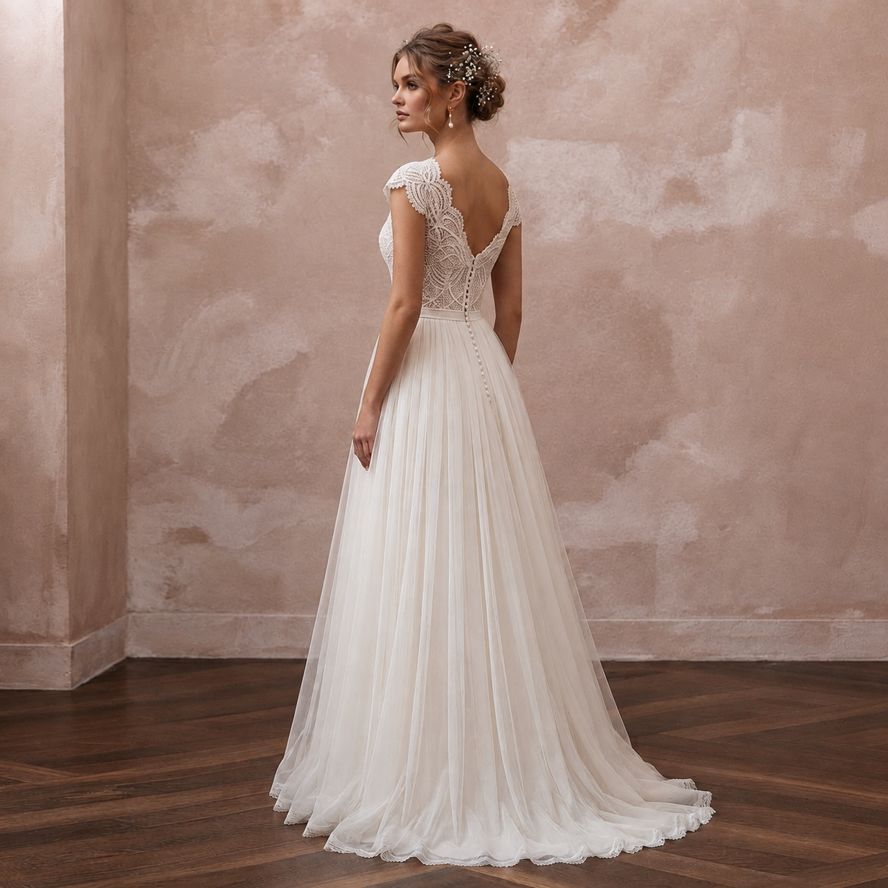 Country Wedding Dress with Tulle Skirt and Lace Bodice