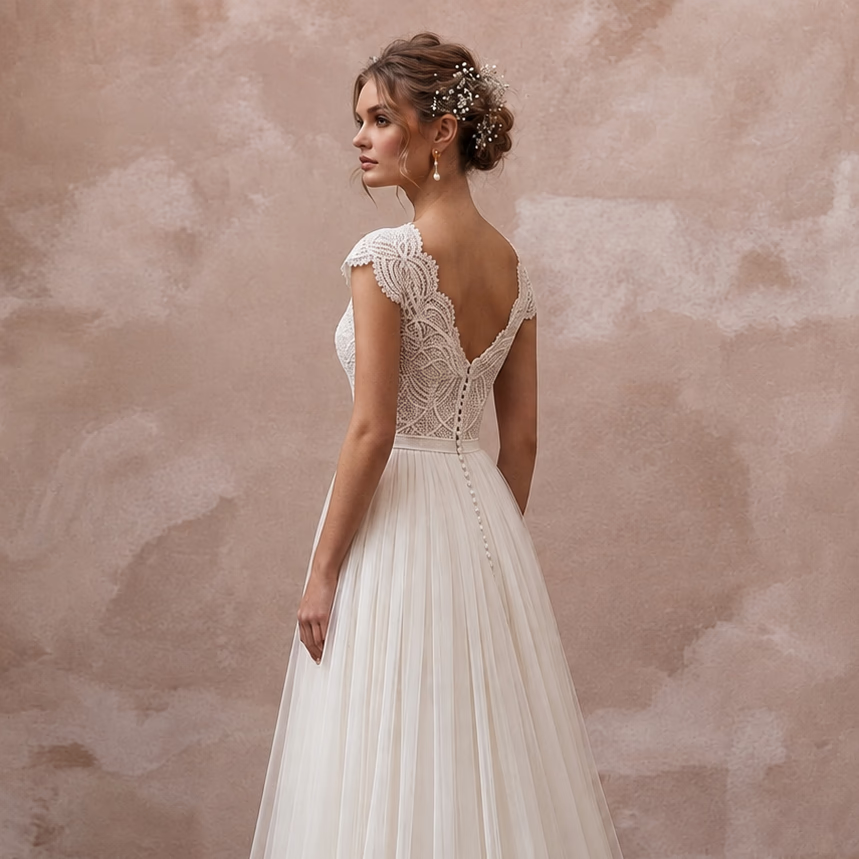 Country Wedding Dress with Tulle Skirt and Lace Bodice - Apparel & Accessories > Clothing > Wedding & Bridal Party Dresses > Wedding Dresses - Mignonette Bridal