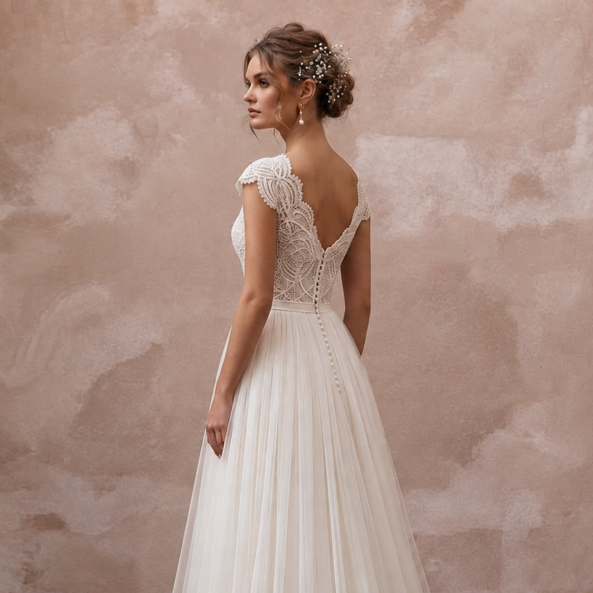 Country Wedding Dress with Tulle Skirt and Lace Bodice