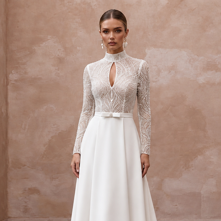 Elegant court train crepe bridal dress featuring lace bodice and long sleeves, perfect for a civil wedding.