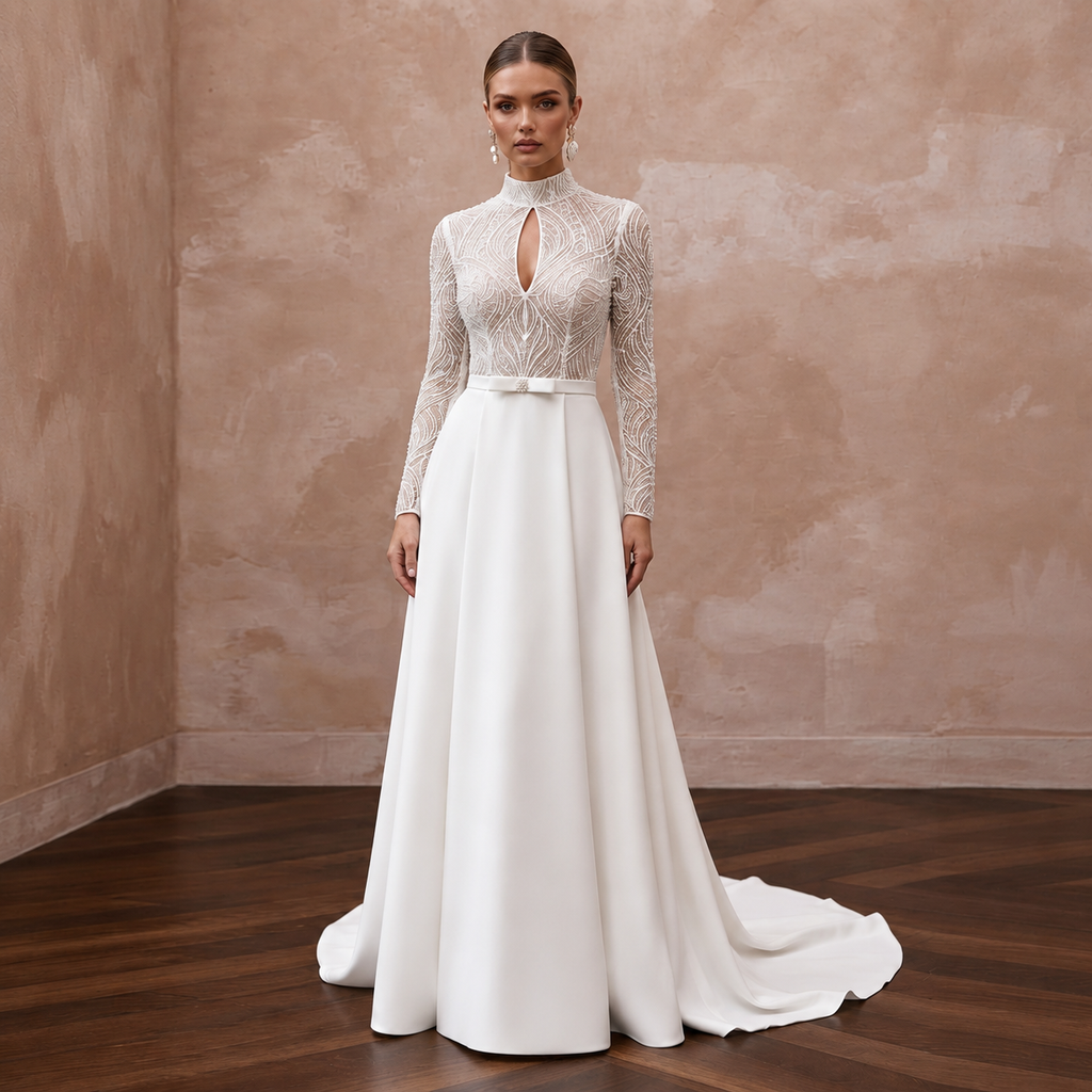 Elegant court train crepe bridal dress with intricate lace bodice and keyhole detail, perfect for civil ceremonies.