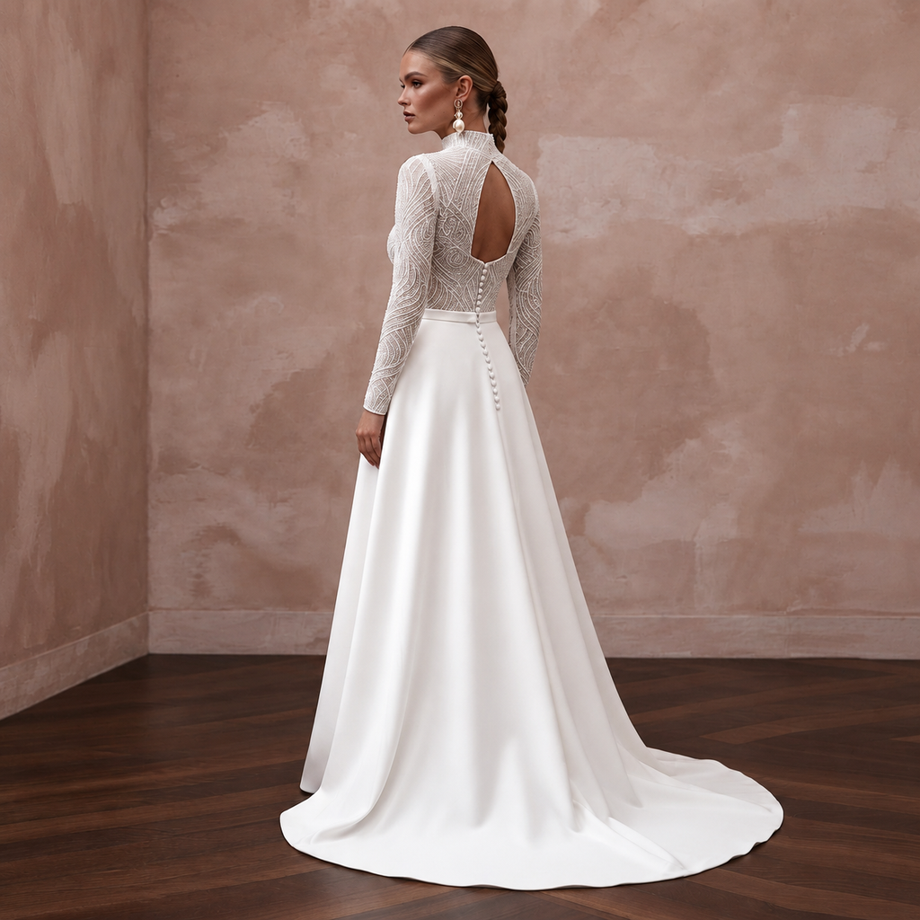 Elegant court train crepe bridal dress with beaded long sleeves and open back, perfect for a civil wedding.
