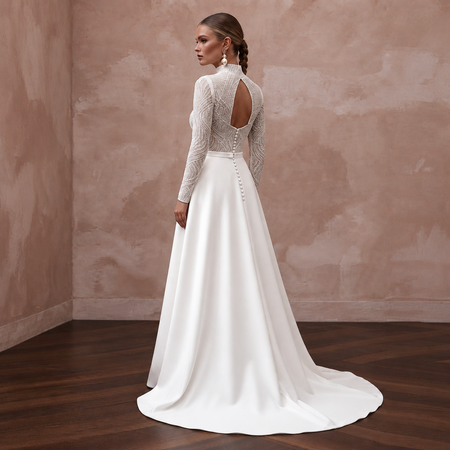 Elegant court train crepe bridal dress with beaded long sleeves and open back, perfect for a civil wedding.