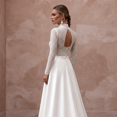 Elegant court train crepe bridal dress with intricate beaded lace top and keyhole back details for civil weddings.