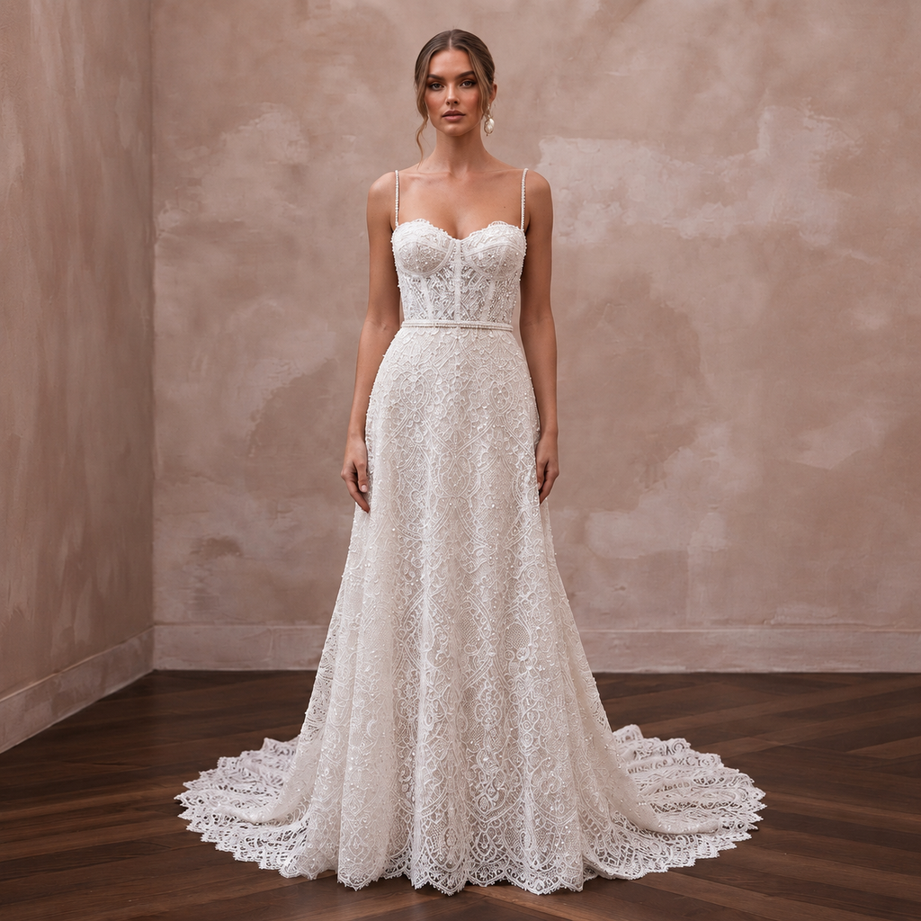 Elegant lace wedding gown with a court train, featuring a fitted bodice and delicate straps, perfect for a civil ceremony.