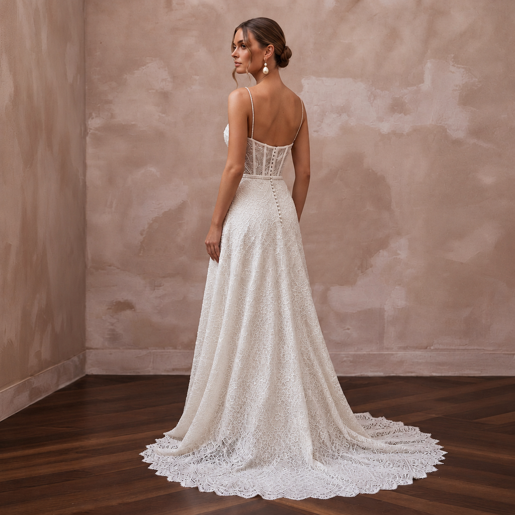 Elegant lace wedding gown with a court train, featuring delicate straps and a structured bodice, perfect for civil ceremonies.