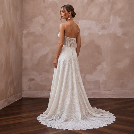 Elegant lace wedding gown with a court train, featuring delicate straps and a structured bodice, perfect for civil ceremonies.