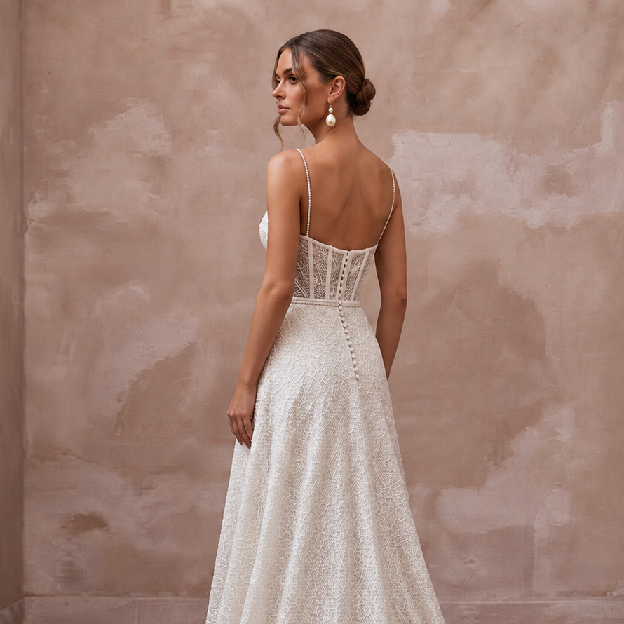 Elegant lace wedding gown with a court train, featuring a fitted bodice and delicate spaghetti straps. Perfect for civil ceremonies.