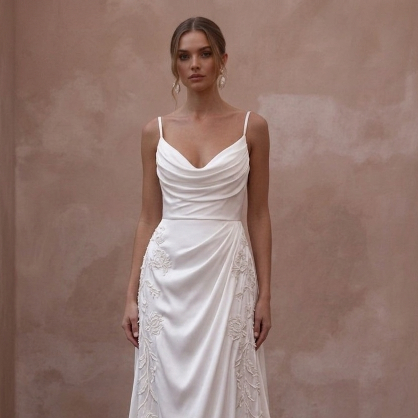 Cowl Neck Wedding Dresses with Flowing Silk Fabric