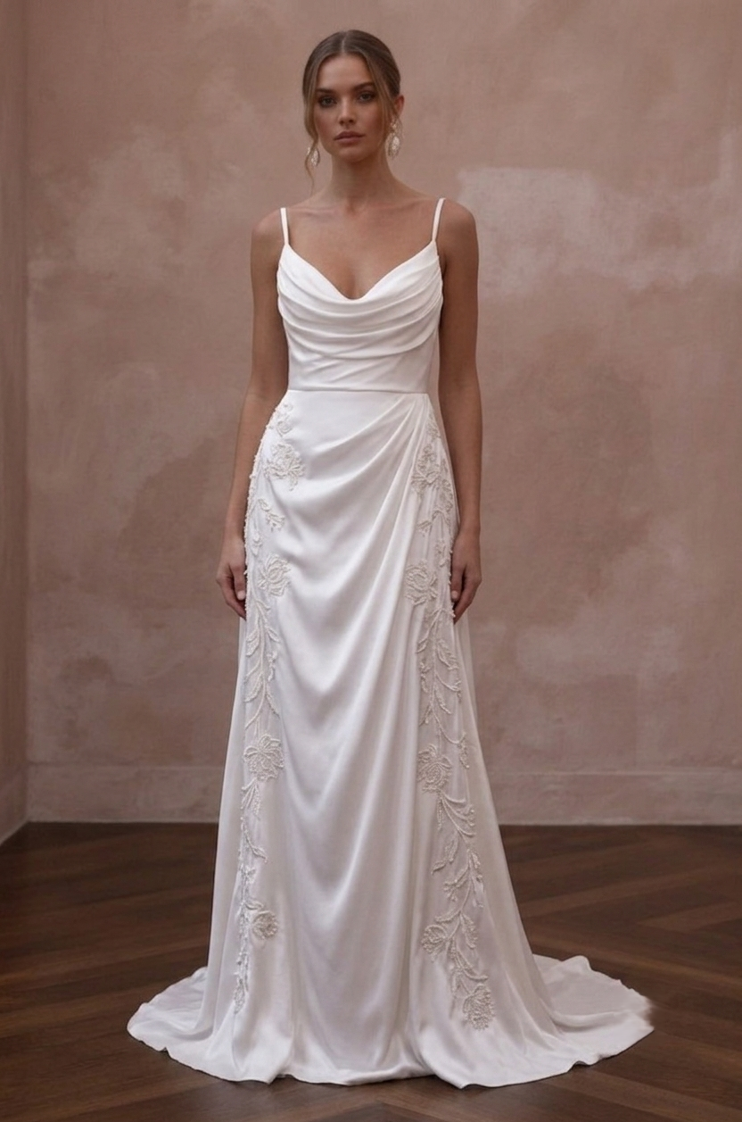 Cowl Neck Wedding Dresses with Flowing Silk Fabric Main image