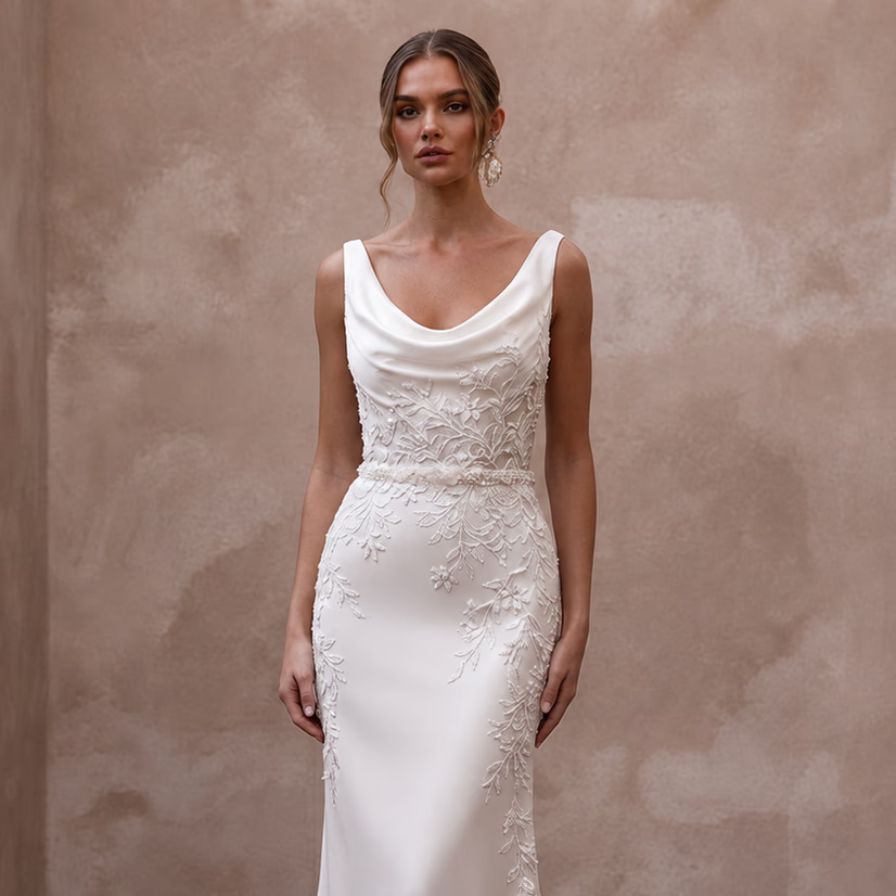 Cowl Neck Wedding Dresses with Silk Elegance - Apparel & Accessories > Clothing > Wedding & Bridal Party Dresses > Wedding Dresses - Mignonette
