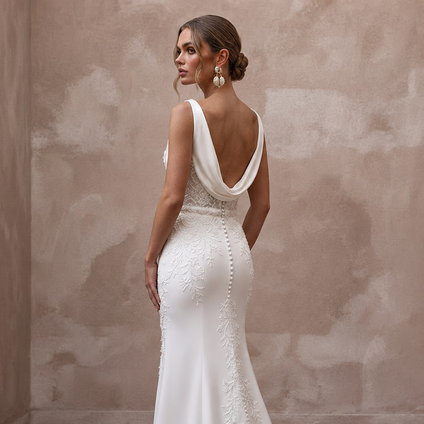 Cowl Neck Wedding Dresses with Silk Elegance - Apparel & Accessories > Clothing > Wedding & Bridal Party Dresses > Wedding Dresses - Mignonette