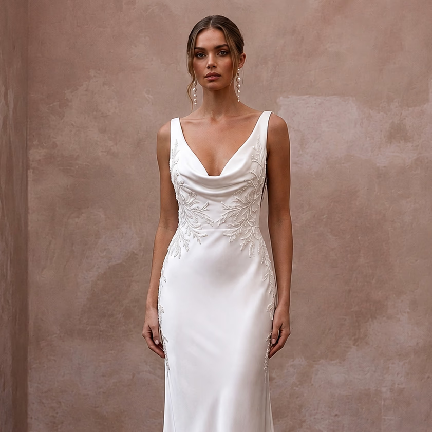 Cowl Neck Wedding Dresses with Silk Satin Fabric - Apparel & Accessories > Clothing > Wedding & Bridal Party Dresses > Wedding Dresses - Mignonette Bridal