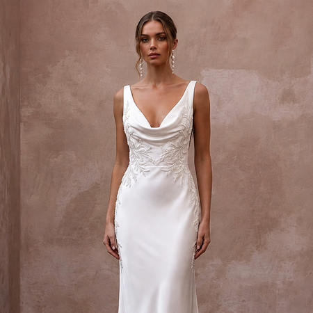 Cowl Neck Wedding Dresses with Silk Satin Fabric - Apparel & Accessories > Clothing > Wedding & Bridal Party Dresses > Wedding Dresses - Mignonette Bridal