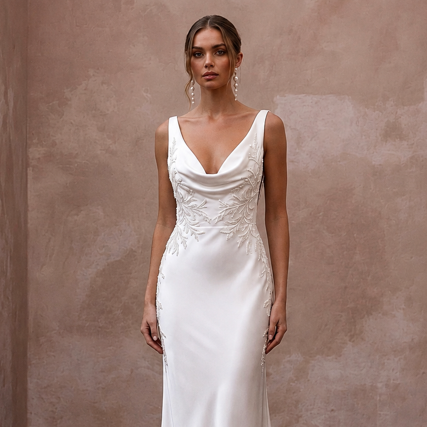 Cowl Neck Wedding Dresses with Silk Satin Fabric