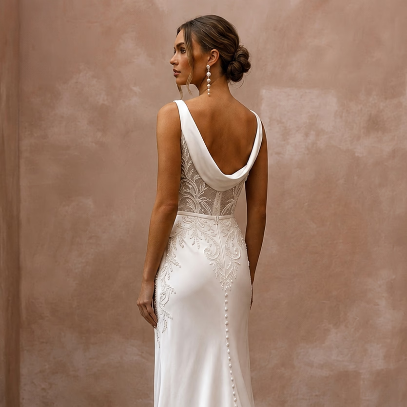 Cowl Neck Wedding Dresses with Silk Satin Fabric - Apparel & Accessories > Clothing > Wedding & Bridal Party Dresses > Wedding Dresses - Mignonette Bridal