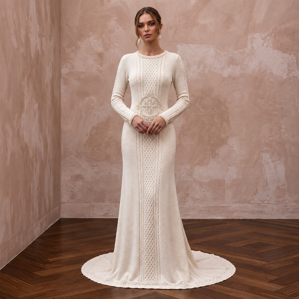 Cozy Cream Cashmere Blend Knit Bridal Gown for Après-Ski Rehearsal