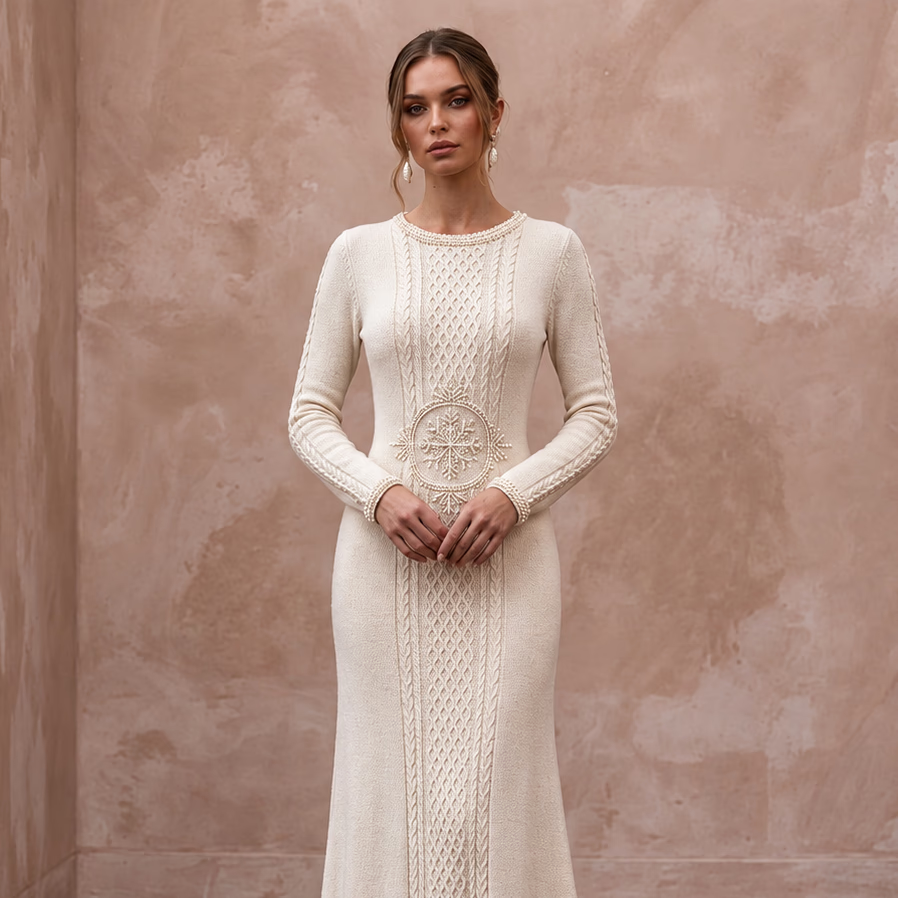 Cozy Cream Cashmere Blend Knit Bridal Gown for Après-Ski Rehearsal
