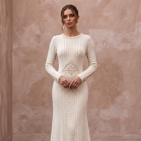 Cozy Cream Cashmere Blend Knit Bridal Gown for Après-Ski Rehearsal