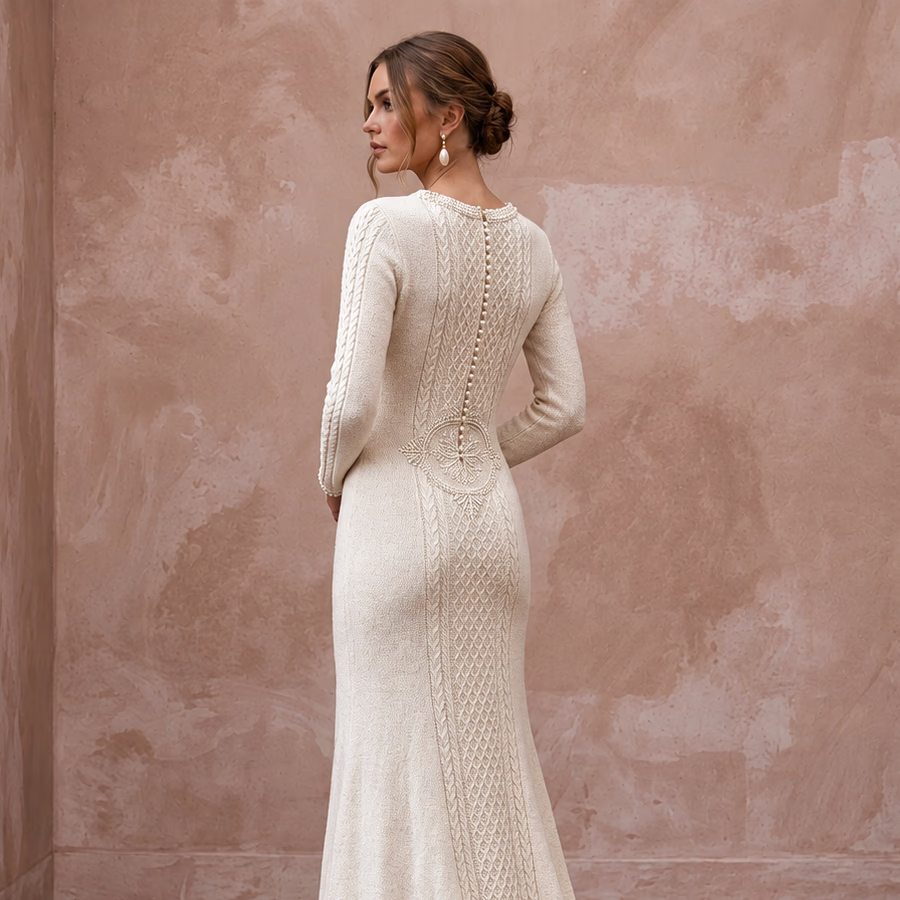 Cozy Cream Cashmere Blend Knit Bridal Gown for Après-Ski Rehearsal