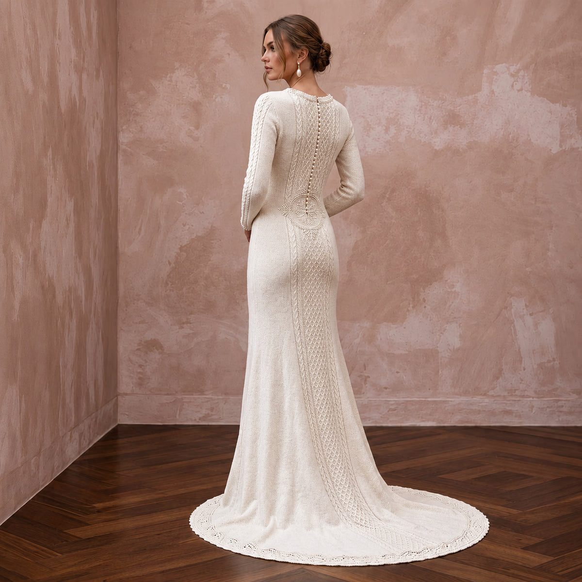Cozy Cream Cashmere Blend Knit Bridal Gown for Après-Ski Rehearsal