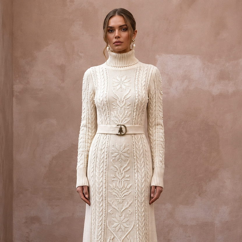 Cozy Cream Cashmere Blend Knit Dress for Après-Ski Rehearsal