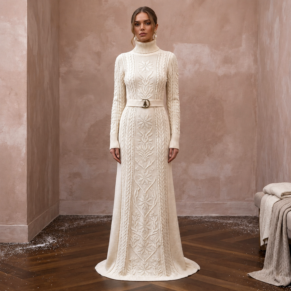 Cozy Cream Cashmere Blend Knit Dress for Après-Ski Rehearsal
