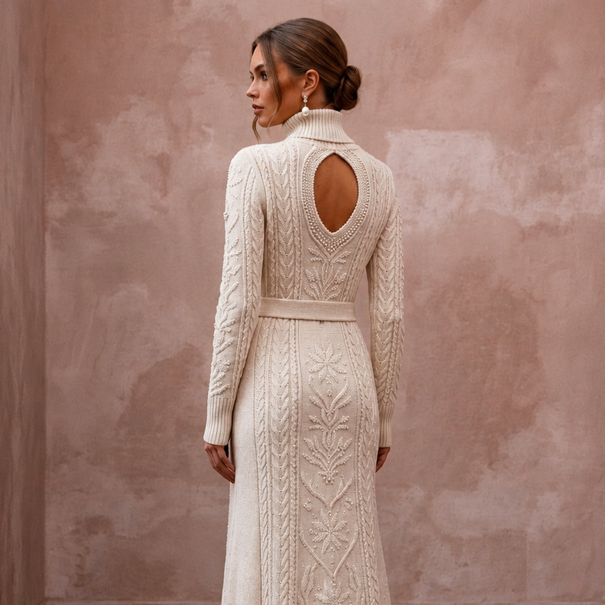 Cozy Cream Cashmere Blend Knit Dress for Après-Ski Rehearsal