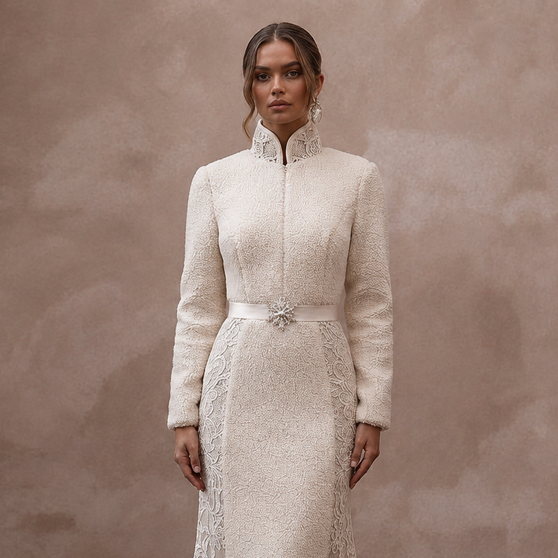 Cozy Cream Sherpa & Lace Dress for Winter Engagement Photoshoot