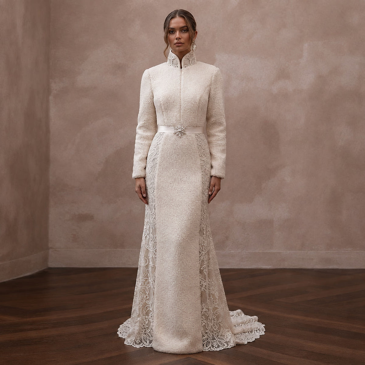 Cozy Cream Sherpa & Lace Dress for Winter Engagement Photoshoot - Apparel & Accessories > Clothing > Wedding & Bridal Party Dresses > Wedding Dresses - Mignonette Bridal Main image