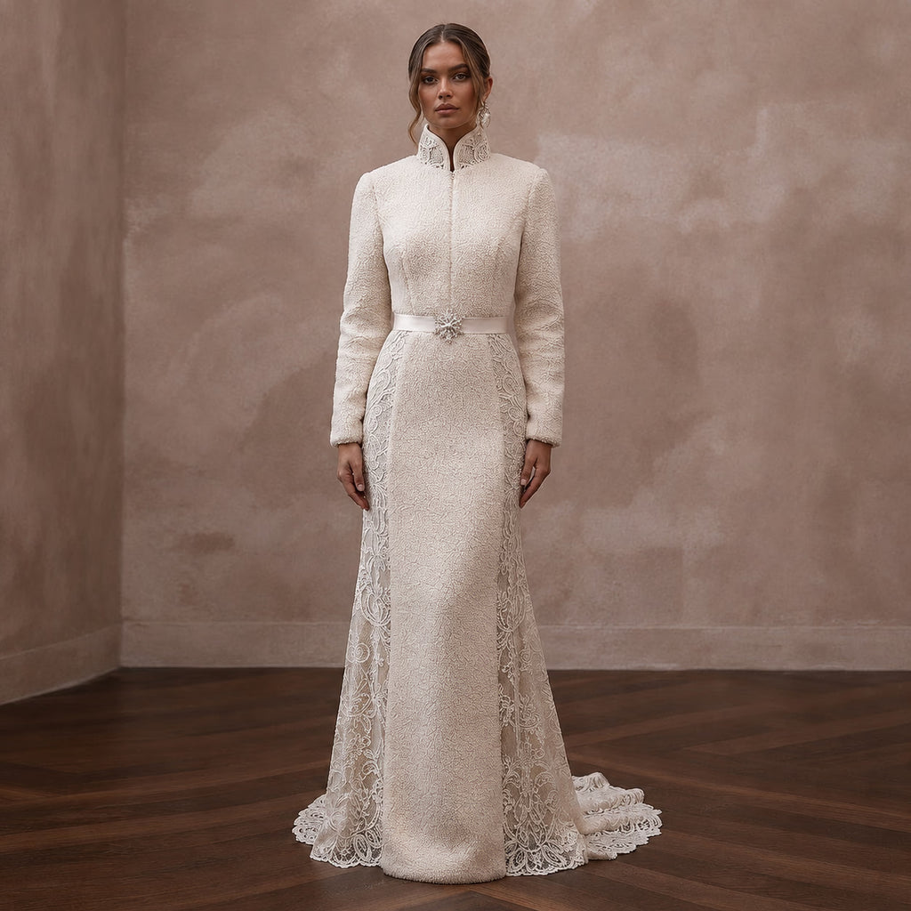 Cozy Cream Sherpa & Lace Dress for Winter Engagement Photoshoot - Apparel & Accessories > Clothing > Wedding & Bridal Party Dresses > Wedding Dresses - Mignonette Bridal