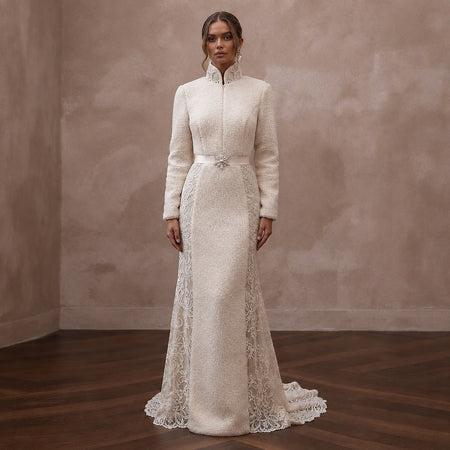 Cozy Cream Sherpa & Lace Dress for Winter Engagement Photoshoot - Apparel & Accessories > Clothing > Wedding & Bridal Party Dresses > Wedding Dresses - Mignonette Bridal