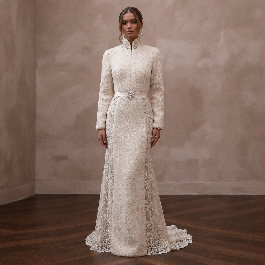 Cozy Cream Sherpa & Lace Dress for Winter Engagement Photoshoot