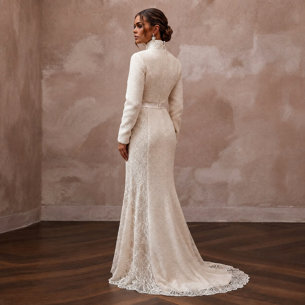 Cozy Cream Sherpa & Lace Dress for Winter Engagement Photoshoot - Apparel & Accessories > Clothing > Wedding & Bridal Party Dresses > Wedding Dresses - Mignonette Bridal