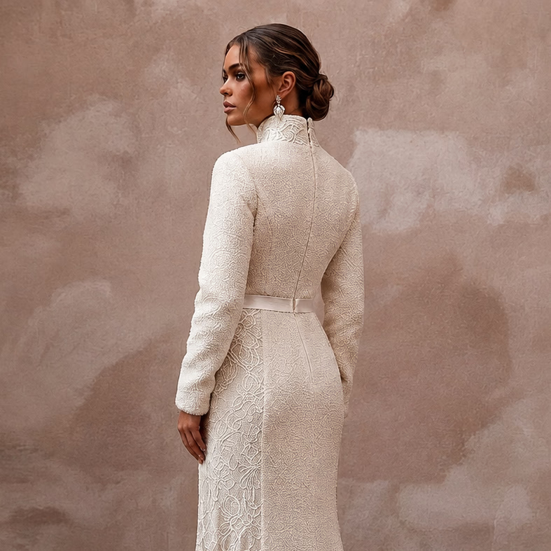 Cozy Cream Sherpa & Lace Dress for Winter Engagement Photoshoot - Apparel & Accessories > Clothing > Wedding & Bridal Party Dresses > Wedding Dresses - Mignonette Bridal