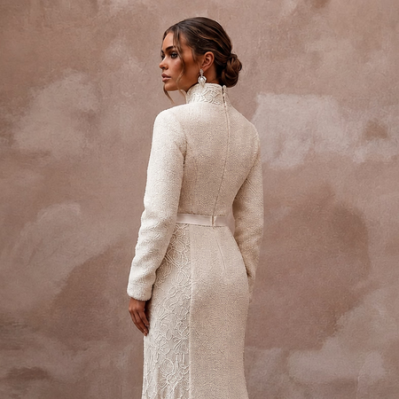 Cozy Cream Sherpa & Lace Dress for Winter Engagement Photoshoot - Apparel & Accessories > Clothing > Wedding & Bridal Party Dresses > Wedding Dresses - Mignonette Bridal