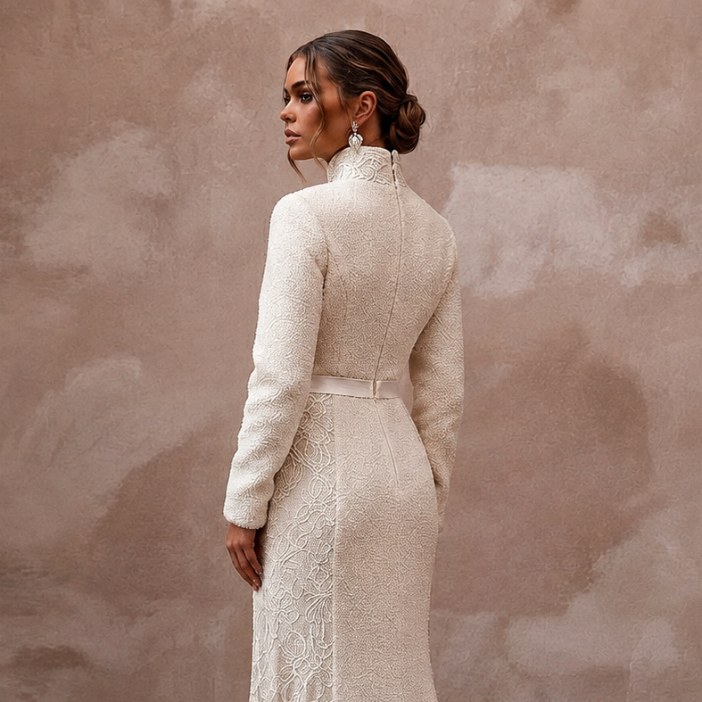 Cozy Cream Sherpa & Lace Dress for Winter Engagement Photoshoot