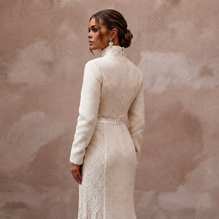 Cozy Cream Sherpa & Lace Dress for Winter Engagement Photoshoot