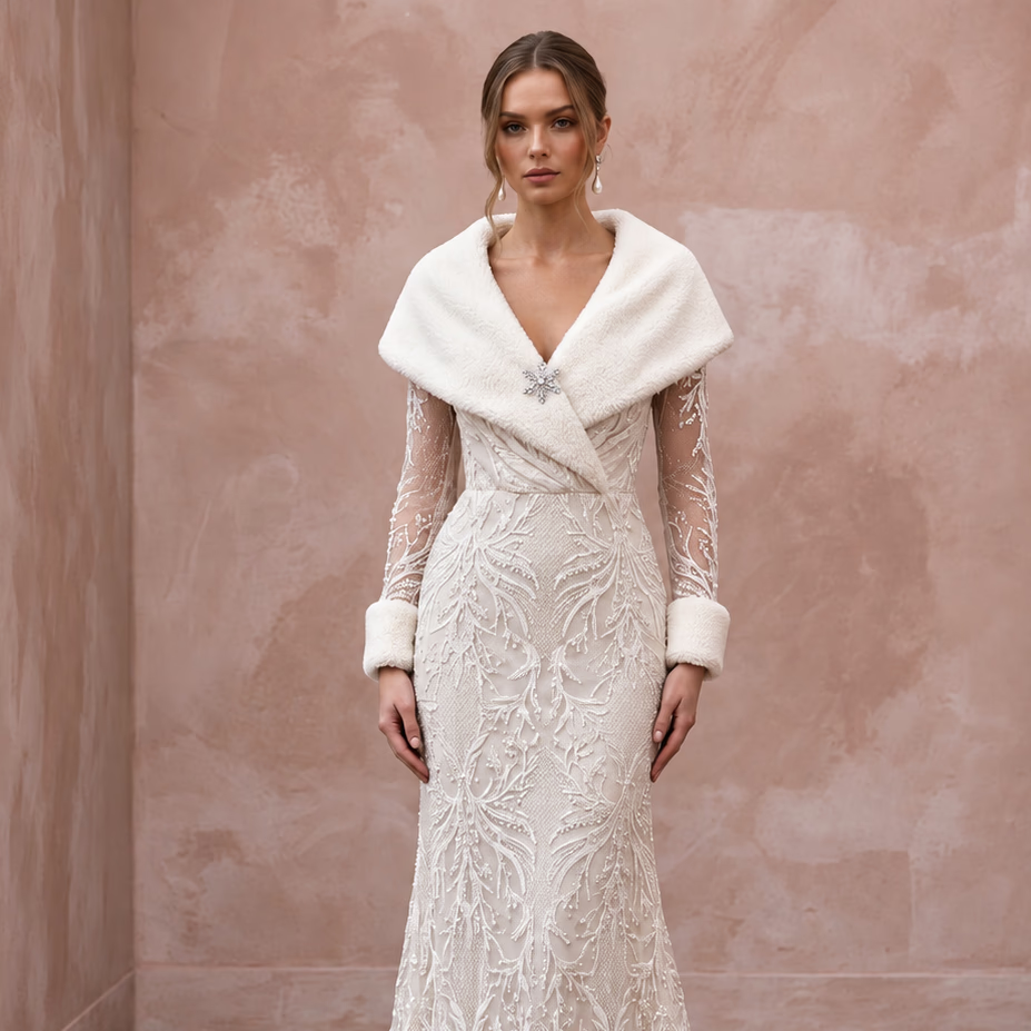 Cozy Cream Sherpa & Lace Wedding Dress for Winter Engagement Photoshoot