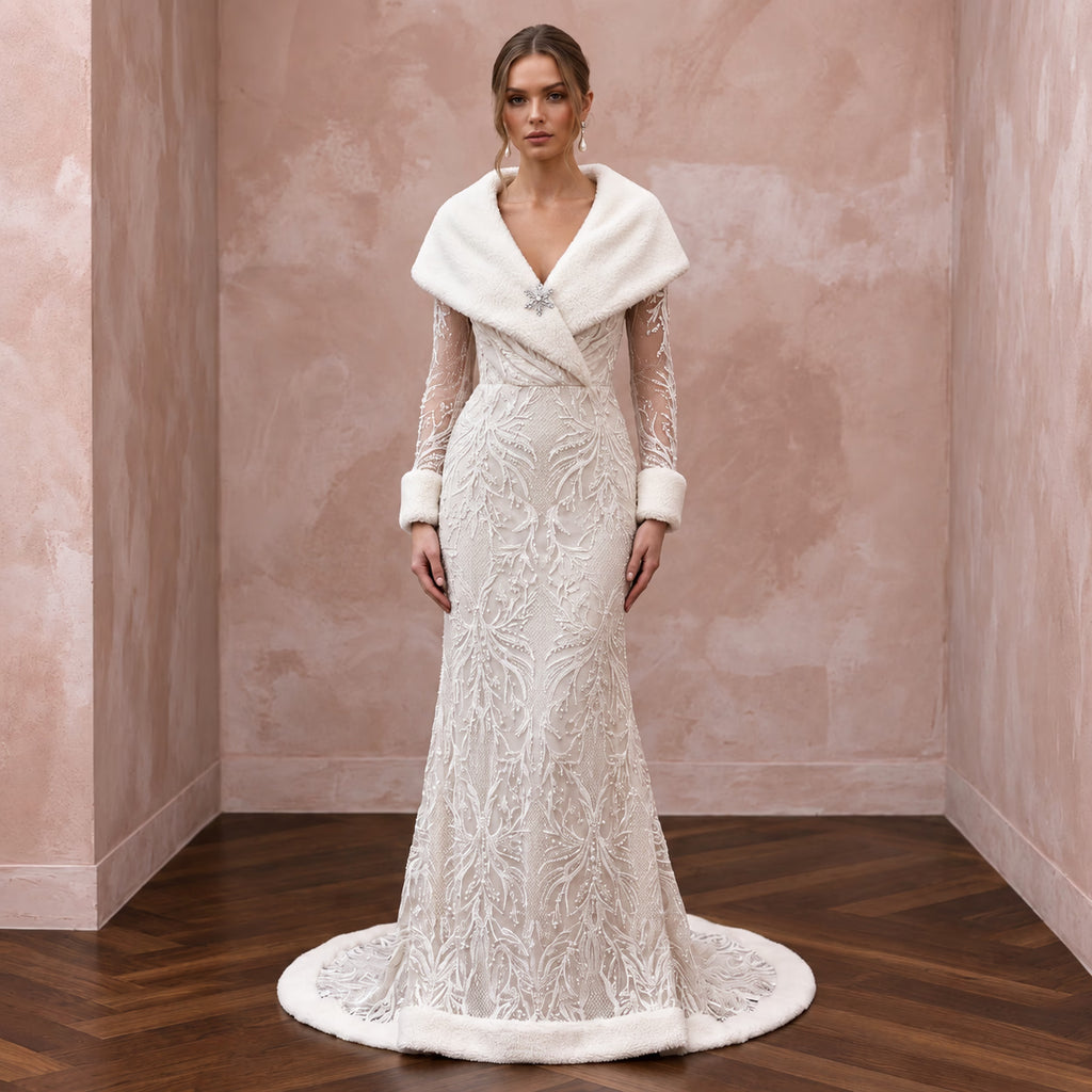 Cozy Cream Sherpa & Lace Wedding Dress for Winter Engagement Photoshoot