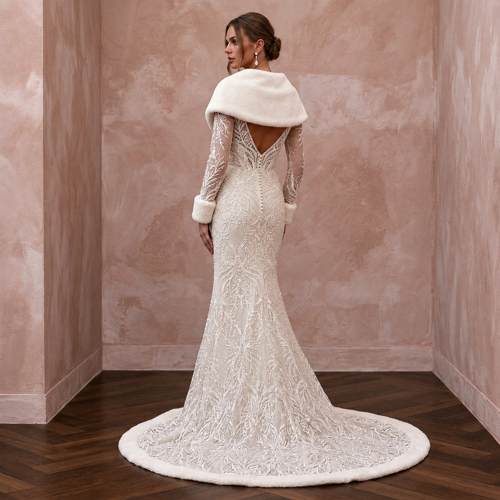 Cozy Cream Sherpa & Lace Wedding Dress for Winter Engagement Photoshoot