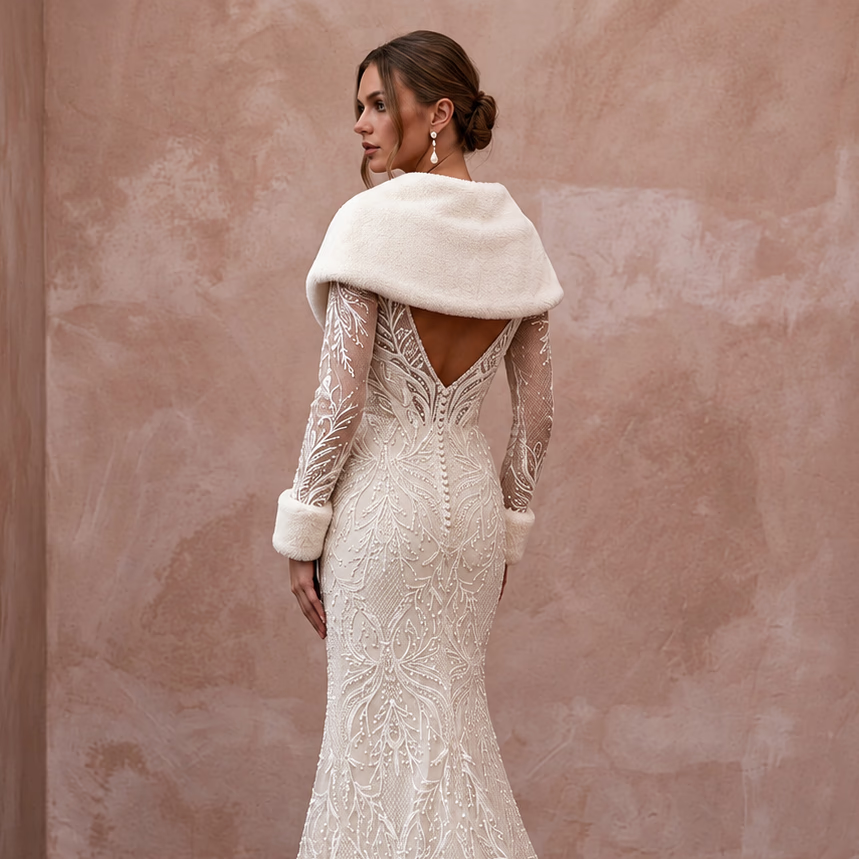 Cozy Cream Sherpa & Lace Wedding Dress for Winter Engagement Photoshoot