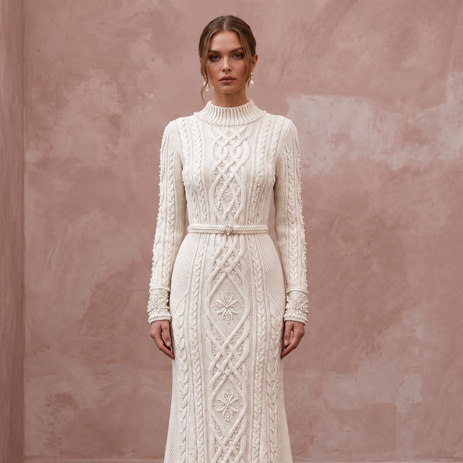 Cozy Ivory Cable Knit Long Sleeve Bridal Sweater Dress for Après-Ski