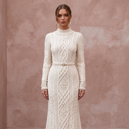 Cozy Ivory Cable Knit Long Sleeve Bridal Sweater Dress for Après-Ski