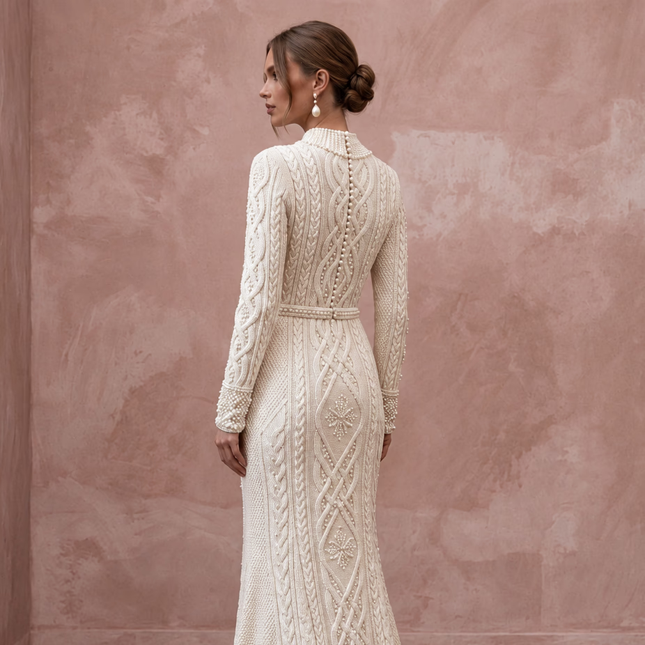 Cozy Ivory Cable Knit Long Sleeve Bridal Sweater Dress for Après-Ski