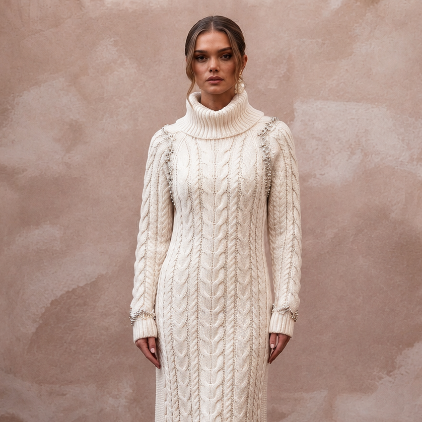 Cozy Ivory Cable Knit Long Sleeve Sweater Dress for Après-Ski