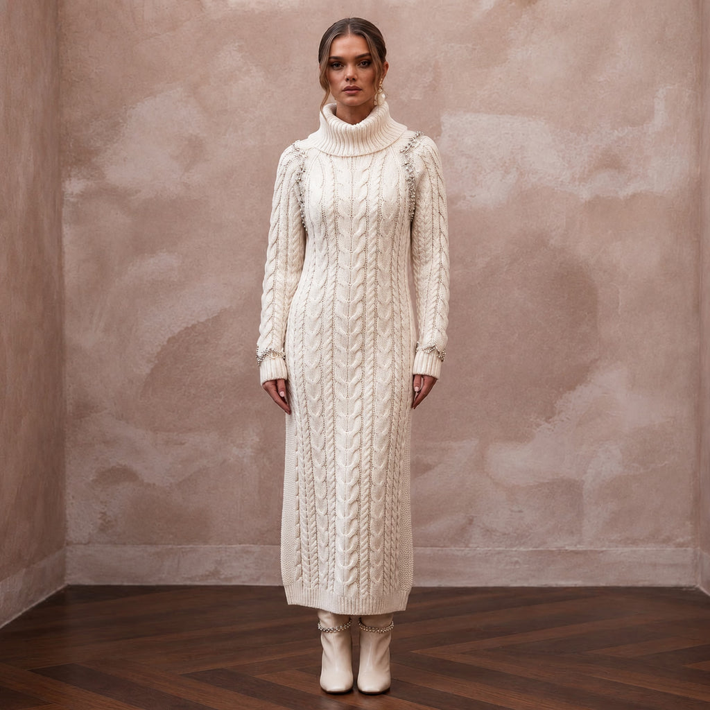 Cozy Ivory Cable Knit Long Sleeve Sweater Dress for Après - Ski - Apparel & Accessories > Clothing > Wedding & Bridal Party Dresses > Wedding Dresses - Mignonette Bridal