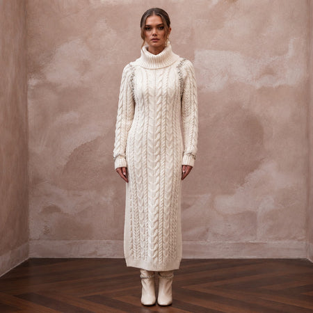 Cozy Ivory Cable Knit Long Sleeve Sweater Dress for Après - Ski - Apparel & Accessories > Clothing > Wedding & Bridal Party Dresses > Wedding Dresses - Mignonette Bridal