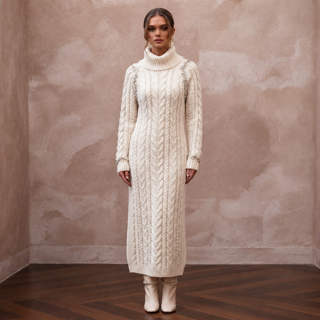 Cozy Ivory Cable Knit Long Sleeve Sweater Dress for Après-Ski