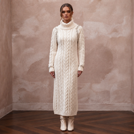 Cozy Ivory Cable Knit Long Sleeve Sweater Dress for Après-Ski